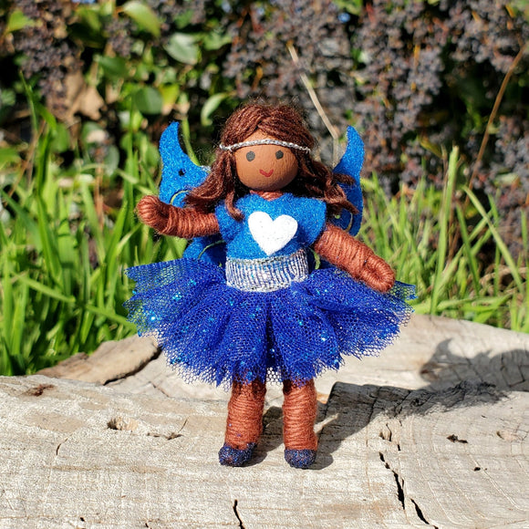 Blue rainbow fairy doll. Handmade with brown skin and dark brown hair