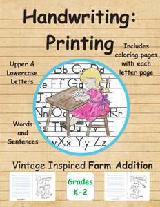 Handwriting: Printing Vintage Inspired Farm Addition Grades P-K-1: Upper, lowercase, words & sentences